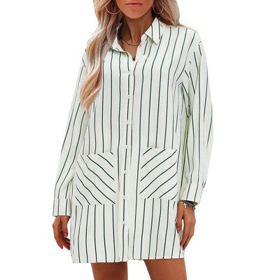 EXLURA Womens Button Down Shirts Oversized Striped Shirt Dress Long Sleeve Collared Blouses with Pockets Beach Casual Outfits