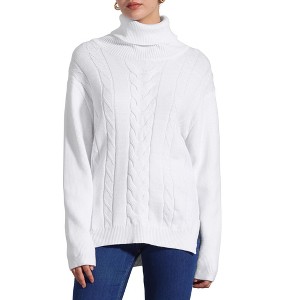 Allegra K Women's High Low Split Long Sleeve Turtleneck Cable Knit Sweater Jumpers - 1 of 4