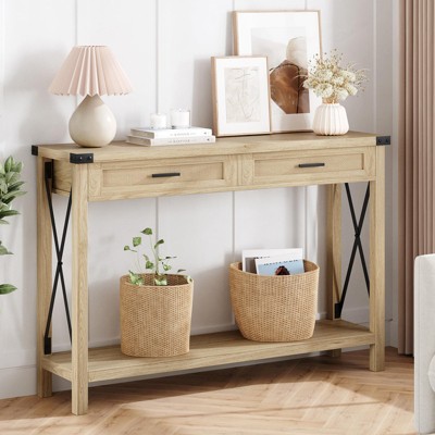 43" Console Table with Rattan Drawers, 2-Tier Farmhouse Narrow Entryway Table , Sofa Table, Console Tables for Entryway
