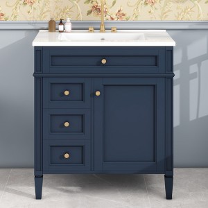 FAMYYT Single Sink Freestanding Blue Bath Vanity with White Ceramic Top, Adjustable Shelf, 3-Drawers, Door Racks - 1 of 4