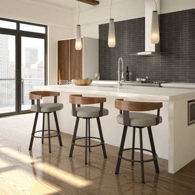 Greige and Dark Brown Swivel Counter Stool with Wood and Metal Frame