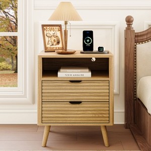 WOWLIVE Nightstand for Bedroom with LED Lights & Charging Station, Bedside Table with 2 Drawers and an Open Shelf - 1 of 4