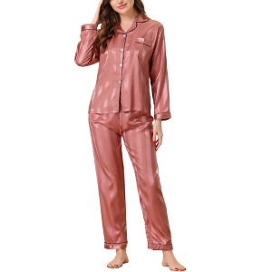 cheibear Women's Satin Soft Button Down Sleepwear with Pants Lounge Pajama Set - 1 of 4