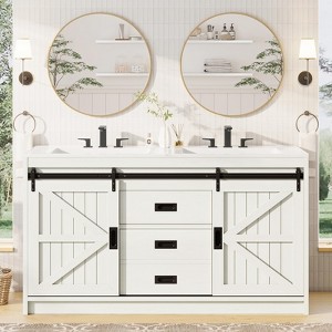 AMERLIFE Double Farmhouse Bathroom Vanity with Sink, with Sliding Doors & Drawers - 1 of 3