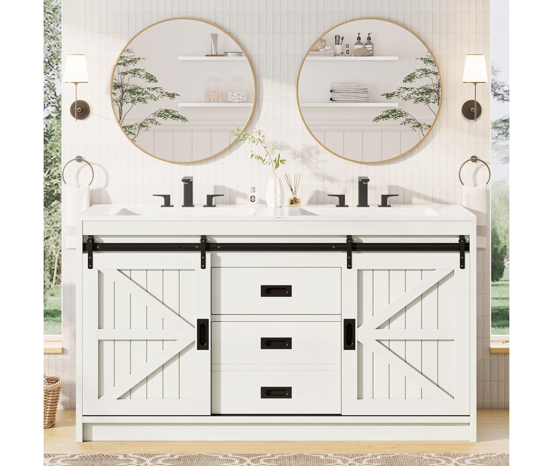 AMERLIFE 61in Double Farmhouse Bathroom Vanity with Sink,   with Sliding Doors & Drawers, White