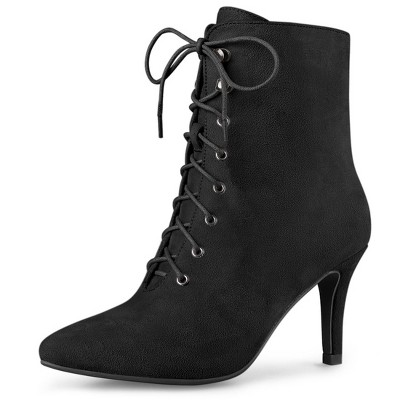 Allegra K Women's Pointy Toe Zip Lace Up Stiletto Heel Ankle Boots