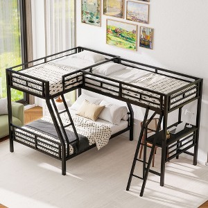 Twin over Full Metal Bunk Bed with Twin Size Loft Bed and Desk,Black - ModernLuxe - 1 of 4