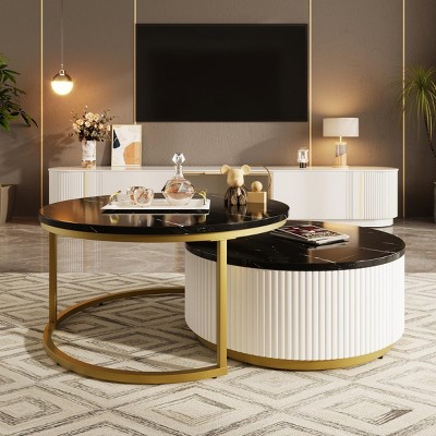 INFURNIC Coffee Tables Modern Round Nesting Coffee Table with Fluted Design and Drawer Chic White and Gold Finish, Black, 27.6"*27.6"*15.7"