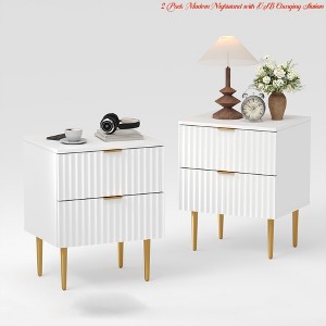 1/2 Pack Modern Nightstand with USB Charging Station, Gold & Wood Fluted Bedside Night Stand with 2 Drawers - 1 of 4