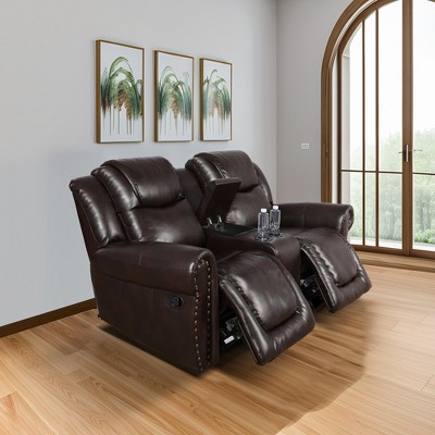 MAYEERTY Reclining Loveseat, 2-Seat Breathable Leather Recliner with Storage Bucket & Cup Holders for Living Room, Espresso
