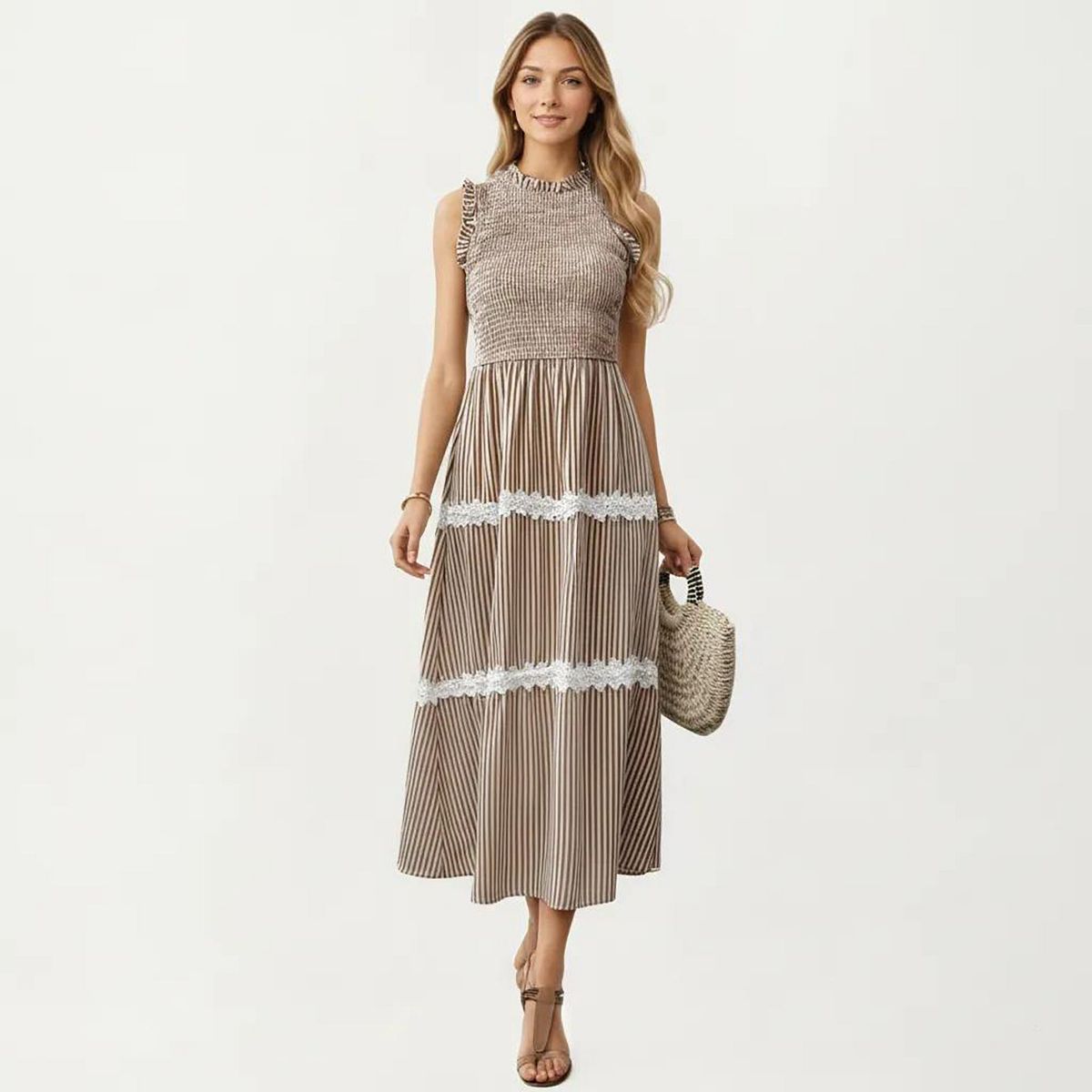 Anna-Kaci Women's Sleeveless Smocked Midi Dress with Ruffle Armholes and Lace Trim Panels - thumbnail 2