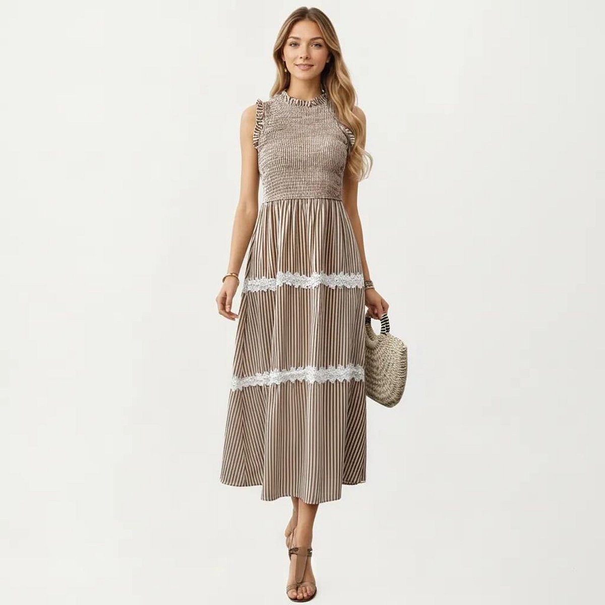 Женские платья Anna-Kaci Women's Sleeveless Smocked Midi Dress with Ruffle Armholes and Lace Trim Panels - Large, Brown — фото 2