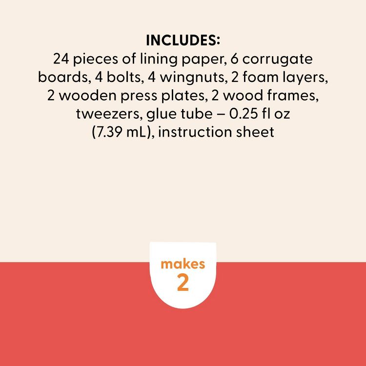 Text listing kit contents: 24 pieces of lining paper, 6 corrugate boards, 4 bolts, 4 wingnuts, 2 foam layers, 2 wooden press plates, 2 wood frames, tweezers, glue tube (0.25 fl oz / 7.39 mL), instruction sheet, and "makes 2" label.