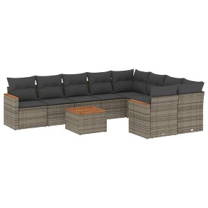 vidaXL 10 Piece Patio Sofa Set with Cushions Gray Poly Rattan - With Table - 1 of 4