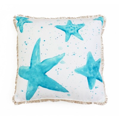 20"x20" Starfish Splatter Printed Faux Linen Loop Throw Pillow White/Blue - Decor Therapy