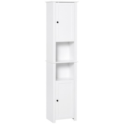 kleankin Tall Bathroom Storage Cabinet, Free Standing Bathroom Cabinet Slim Side Organizer w/ 3-Tier Open Shelf, Bamboo Door, White