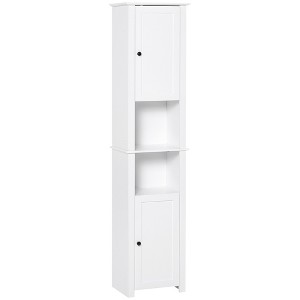 Vynxaria HOMCOM Tall Bathroom Storage Cabinet, Freestanding Linen Tower with 2 Shelves and 2 Cabinets, Narrow Floor Organizer, White. - 1 of 4