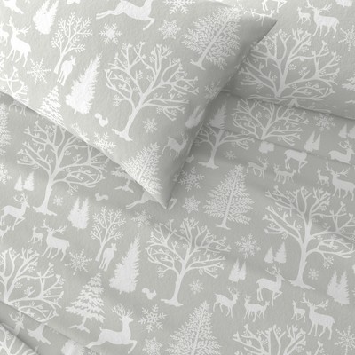 Queen Grey Cotton Flannel Sheet Set with Enchanted Woods Print
