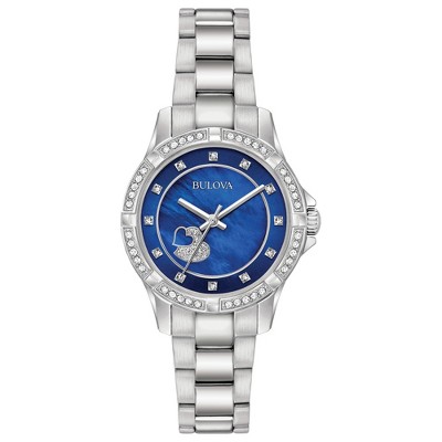 Bulova Ladies' Crystal 3-Hand Quartz, Blue Mother-of-Pearl Heart Accent Dial, Stainless Steel 30mm