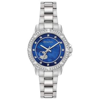 Bulova Ladies' Crystal 3-Hand Quartz, Blue Mother-of-Pearl Heart Accent Dial, Stainless Steel 30mm