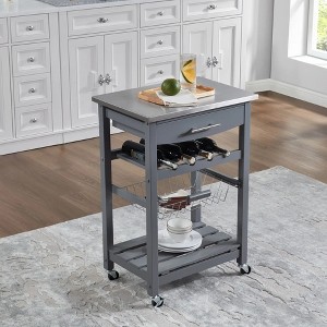 Wooakway 33.5"H Indoor Kitchen Island Trolley Serving Cart with Stainless Steel Marble Top Underneath Drawer Basket Wine Rack Lockable Casters - 1 of 4