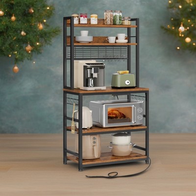 Hutch Bakers Rack with Power Outlet, 14 Hooks Microwave Stand, Adjustable Coffee Bar , Kitchen Storage Shelf, 15.7 x 31.5 x 66.9 Inches