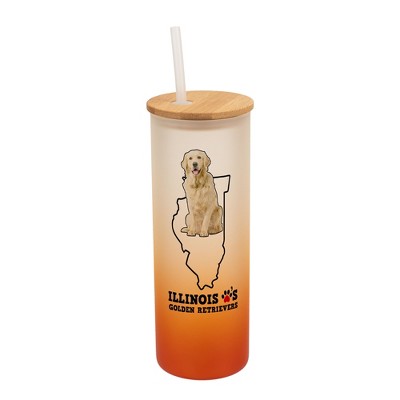 Elanze Designs The Prairie State Illinois Loves Golden Retrievers� Orange and White Ombre Frosted Glass Travel Tumbler with Straw and Wooden Lid, 25