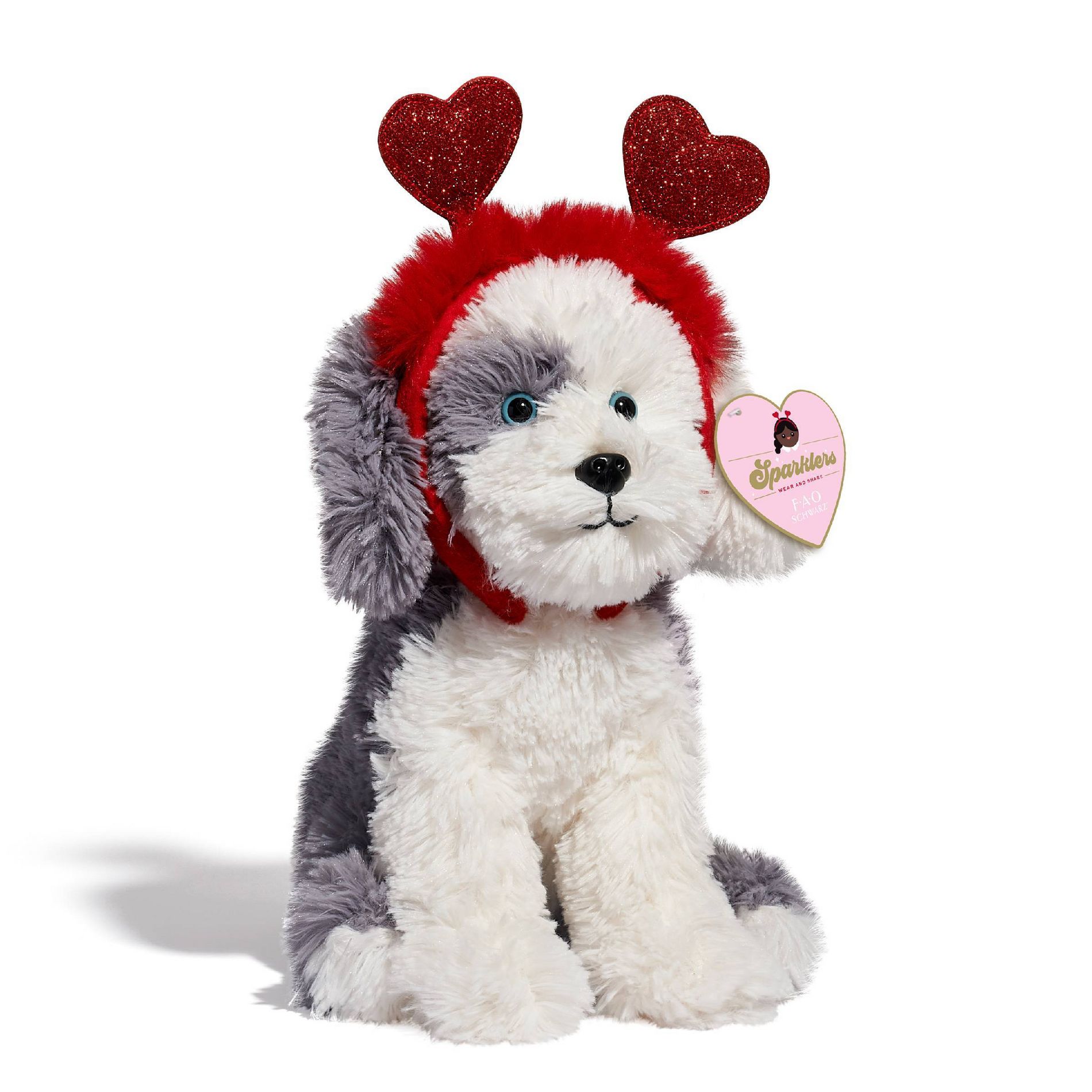 FAO Schwarz 12" Sparklers Toy Plush Sheep Dog with Removable Red Heart Boppers