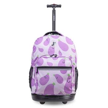 JWorld Sunrise 18" Rolling Backpack - Mr. Eggplant: Wheeled Book Bag for Tweens & Teens, Gender Neutral, Purple