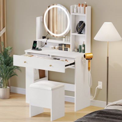 Makeup Table Vanity Desk Set 2 Drawer Round LED Lighted Mirror 3 Shelves and w/Stool Makeup Vanity Table
