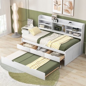 PAGED Twin Size Platform Bed Modern Wooden Bed Frame with Trundle, Open Shelves and Storage Drawers for Bedroom - 1 of 4