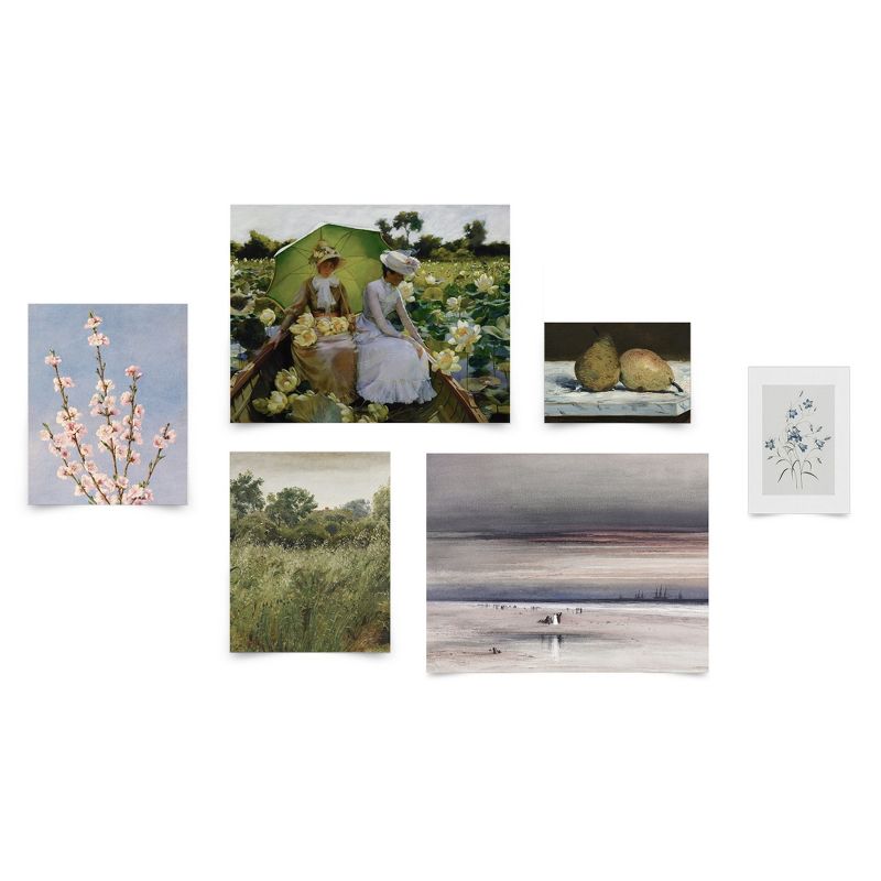 Americanflat 6 Piece Vintage Gallery Wall Art Set - Collecting Lilies, Beach Scene At Sunset, Oat Field, Peach Blossoms by Maple + Oak, 1 of 6