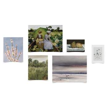Americanflat 6 Piece Vintage Gallery Wall Art Set - Collecting Lilies, Beach Scene At Sunset, Oat Field, Peach Blossoms by Maple + Oak