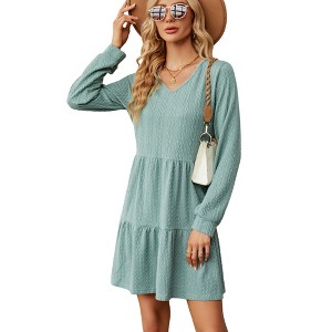 Women Casual Striped Tunic Dress V Neck Tiered Dress Long Sleeve Fit Swing Shift Dress Loose Ruffled Dresses - 1 of 1