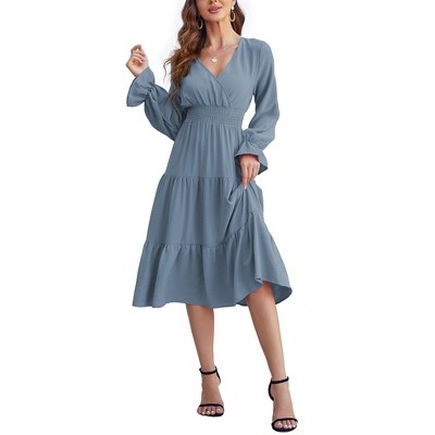 Clearlove Casual V Neck Layered Long Sleeve Wedding Guest Maxi Dresses for Women Flowy Maxi Dress