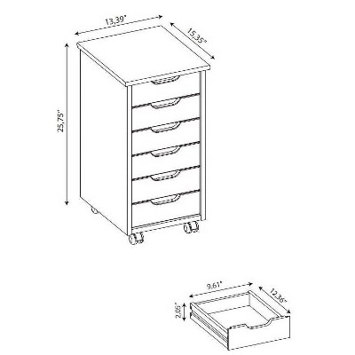 Cary Black Pine Wood Six Drawer Rolling Storage Cart