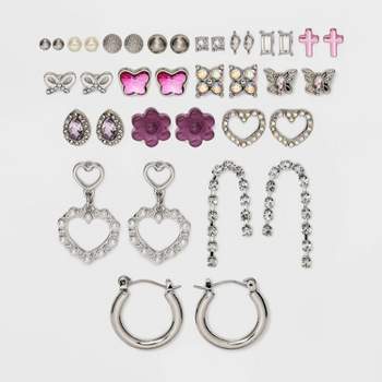 Mixed Heart Butterfly Icon Cubic Zirconia Hoop Earring Set 18pc - Wild Fable™ Silver