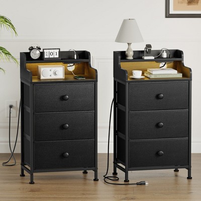 WOWLIVE Nightstand With 3 Drawers & 2-Tier Open Shelf, Bedside Table With LED& 2 USB Ports, Stable Metal Frame