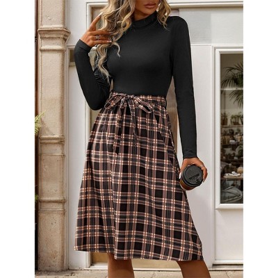 Women's Semi-Turtleneck Long Sleeve Plaid Dress - Faux Two-Piece Set with Waist Tie