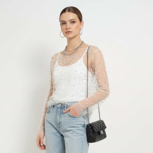 Chic Long Sleeve Sheer Top with Pearl Details - Non-Stretch Polyamide Layering Essential Cherie Code - 1 of 4