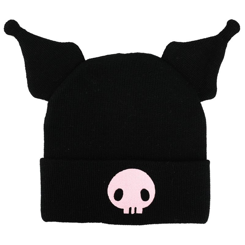 Kuromi Cuffed knitted Embroidered Logo With 3D Plush Horns Beanie Hat, 1 of 3