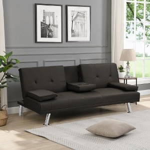 Dark Brown Convertible Sofa Bed - Adjustable recliner with reversible design, cup holders & removable armrests. 3-position angles. - 1 of 4