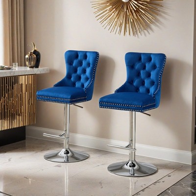 Thick Chrome Swivel Velvet Barstools,Adjustable 25-33"Height,Modern Upholstered with17.7" Base,Tufted Buttons&Diamond Pleating - Leovsnove