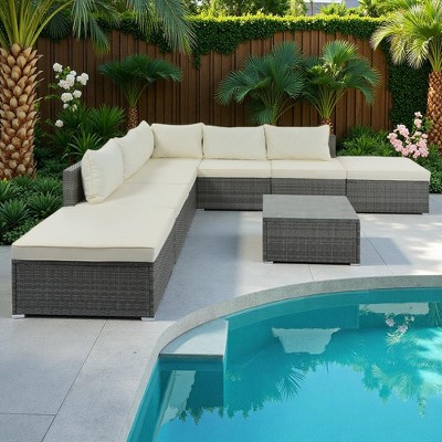 8-Pieces Outdoor Wicker Modular Sectional Sofa Set with Coffee Table, Free Combination
