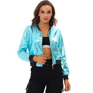 Allegra K Women's Holographic Fashion Stand Collar Metallic Lightweight Zip Bomber Jacket - 1 of 4