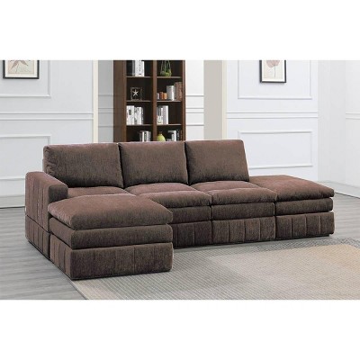 Okak Modern Convertible Sectional Sofa Couch with 1 Armchair/Wedge, 2 Armless Chairs, 2 Ottomans 5pc Fabric Plush Modular Sofa for Living Room, Brown
