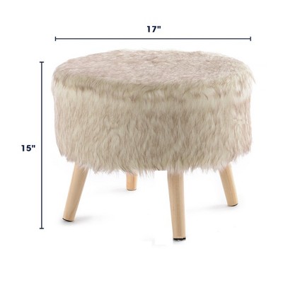 17" Beige Faux Fur Round Ottoman with Wooden Legs