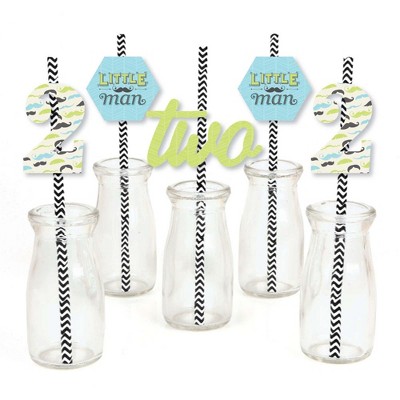 Big Dot of Happiness 2nd Birthday Dashing Little Man Mustache Party - Paper Straw Decor - Second Birthday Party Striped Decorative Straws - Set of 24