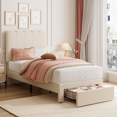 Twin Bed Frame with Drawer, White Velvet Upholstered Platform Bed with Wave Headboard for Kids/Girls, Wooden Slats Support, No Box Spring Needed