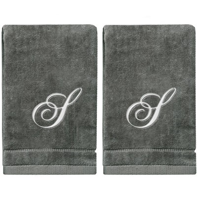 Creative Scents Gray Fingertip Monogrammed Towels Silver Embroidered